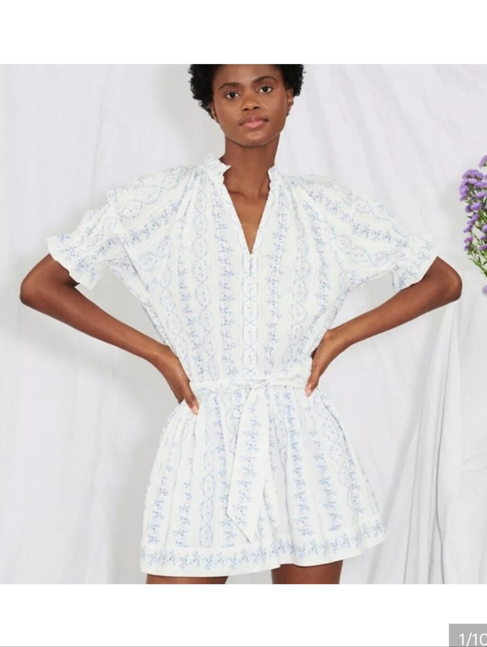 SAYLOR Maurice White & Blue Floral Puff Sleeve V Neck Mini Dress Size M